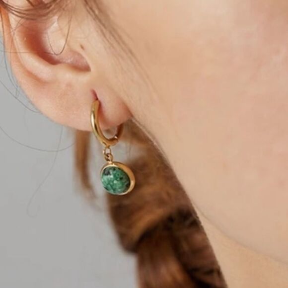 #43 NEW Natural Turquoise Dangle 18k Gold Hoop Earrings - Picture 8 of 9